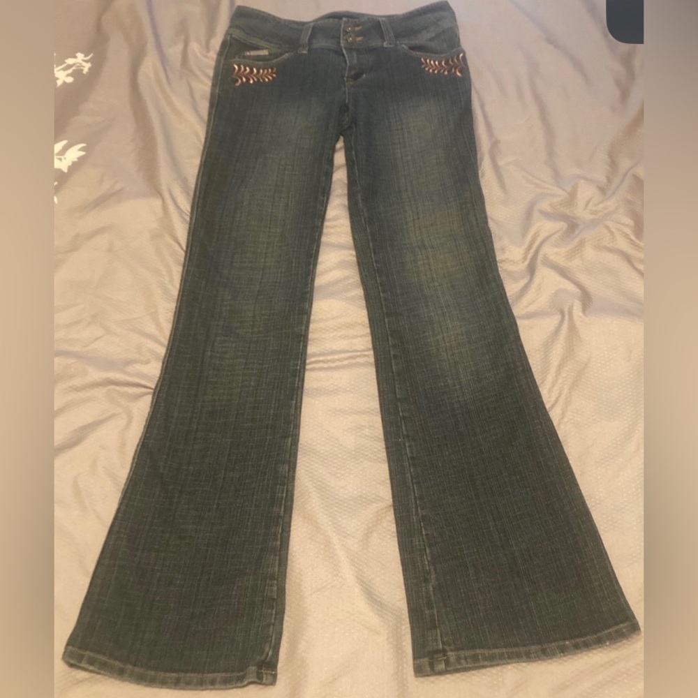 Bubblegum flare leg embroidered jeans 9/10